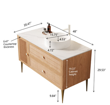48 Bathroom Vanity with Sink Freestanding Plywood Cabinet 4 Metal Legs One Door 2 Drawers White Ceramic Basin Oak