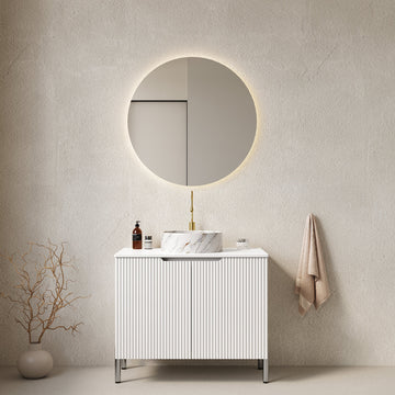 30 Bathroom Vanity with Sink Freestanding Cabinet 2 Doors White Round Ceramic Basin Stone Pattern Carrara White Top White