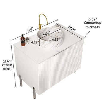 30 Bathroom Vanity with Sink Freestanding Cabinet 2 Doors White Round Ceramic Basin Stone Pattern Carrara White Top White