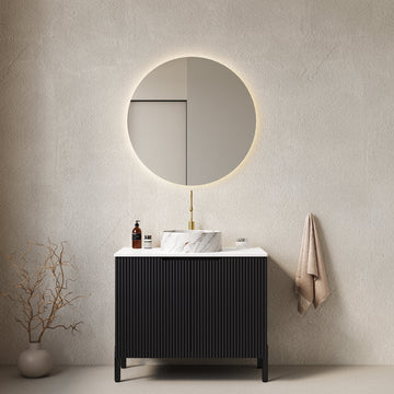30 Bathroom Vanity with Sink Freestanding Cabinet 2 Doors White Round Ceramic Basin Stone Pattern Carrara White Top Black