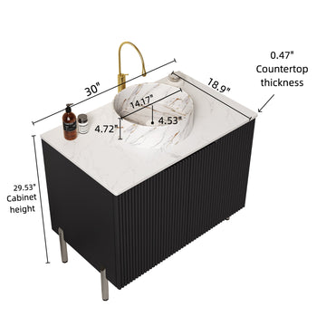30 Bathroom Vanity with Sink Freestanding Cabinet 2 Doors White Round Ceramic Basin Stone Pattern Carrara White Top Black