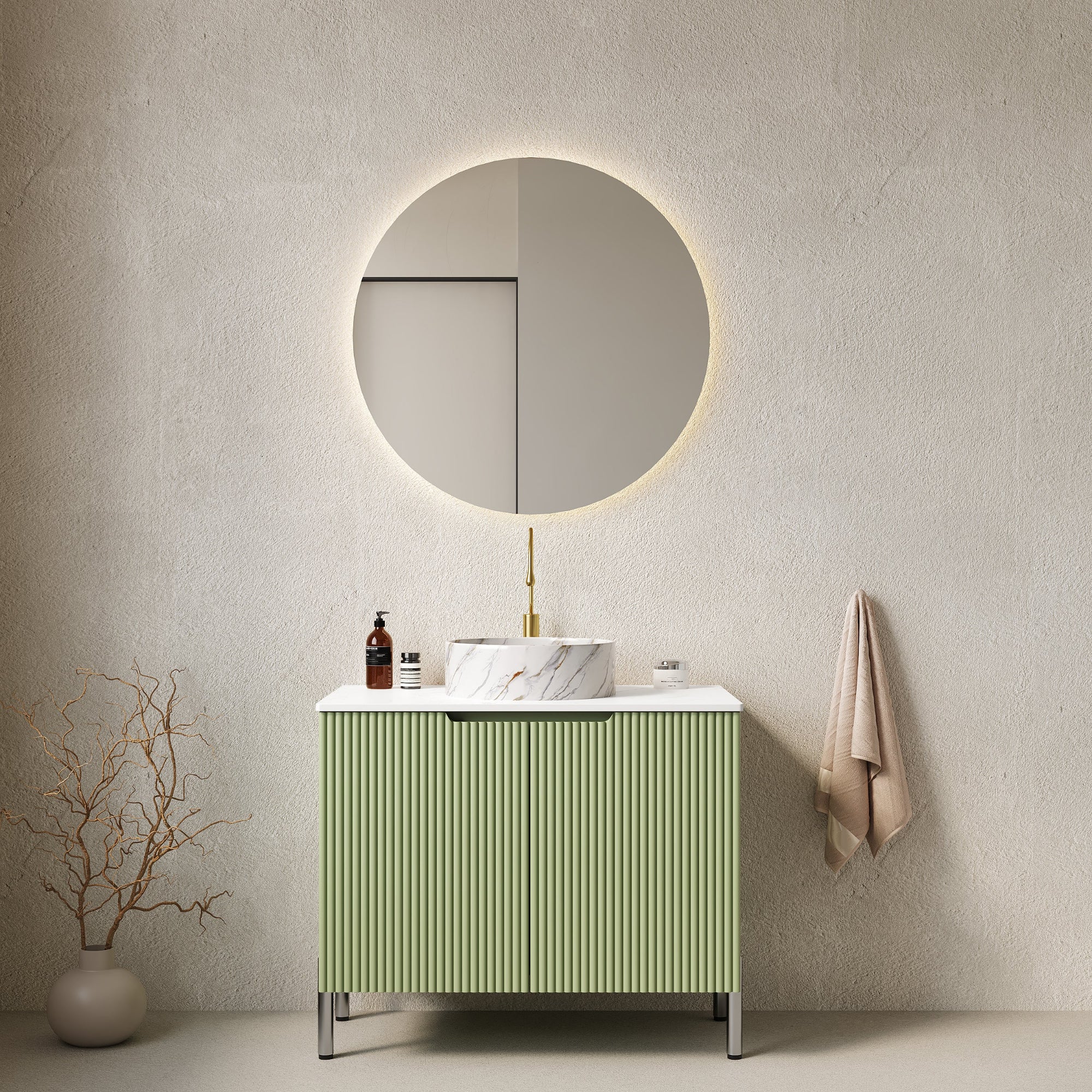 30 Bathroom Vanity with Sink Freestanding Cabinet 2 Doors White Round Ceramic Basin Stone Pattern Carrara White Top Light Green