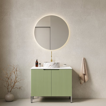 30 Bathroom Vanity with Sink Freestanding Cabinet 2 Doors White Round Ceramic Basin Stone Pattern Carrara White Top Light Green