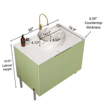 30 Bathroom Vanity with Sink Freestanding Cabinet 2 Doors White Round Ceramic Basin Stone Pattern Carrara White Top Light Green