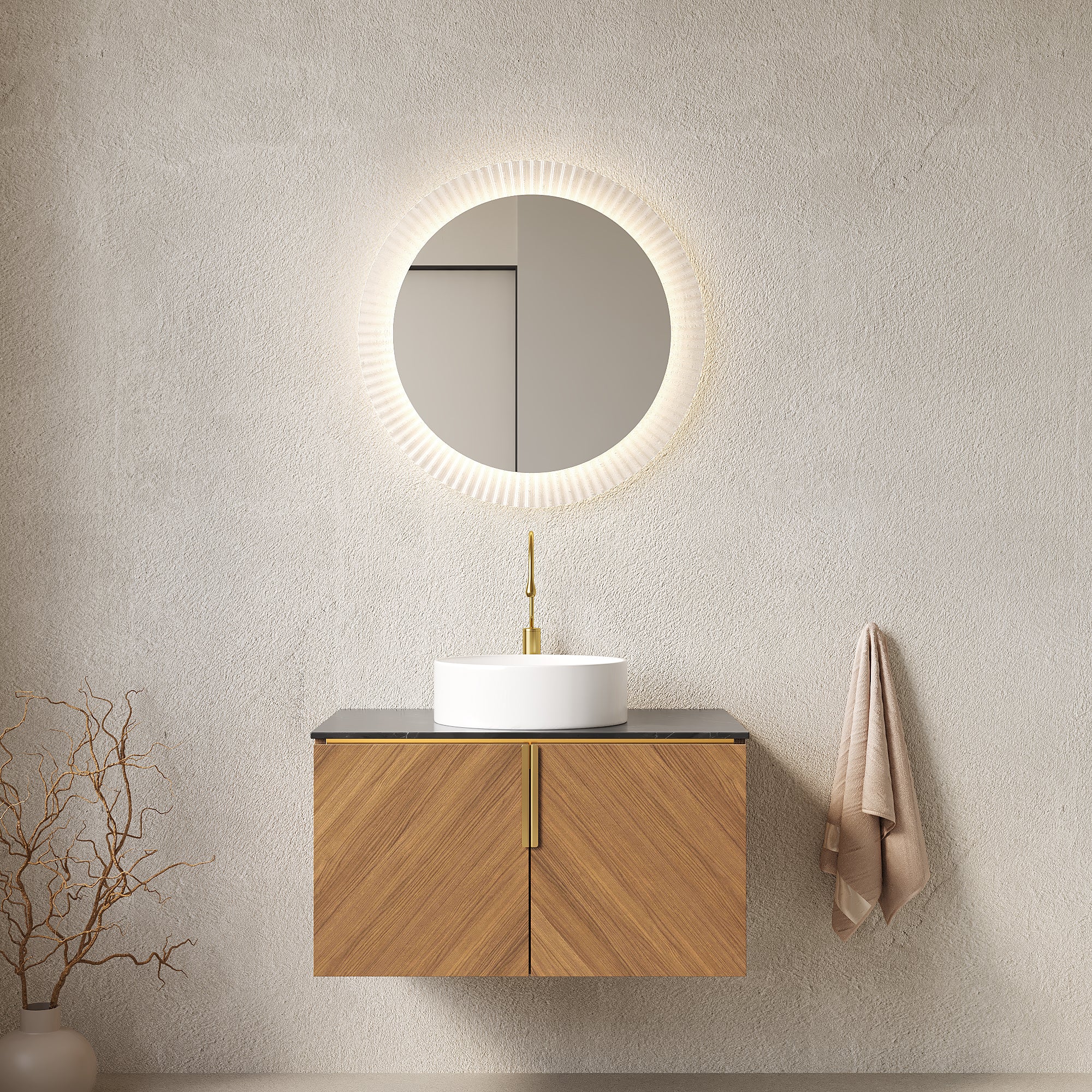 30 Bathroom Vanity with Sink Wall Mounted Plywood Cabinet Double Doors Black Sintered Stone Countertop White Round Ceramic Basin Espresso