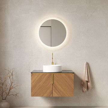 30 Bathroom Vanity with Sink Wall Mounted Plywood Cabinet Double Doors Black Sintered Stone Countertop White Round Ceramic Basin Espresso