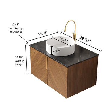 30 Bathroom Vanity with Sink Wall Mounted Plywood Cabinet Double Doors Black Sintered Stone Countertop White Round Ceramic Basin Espresso