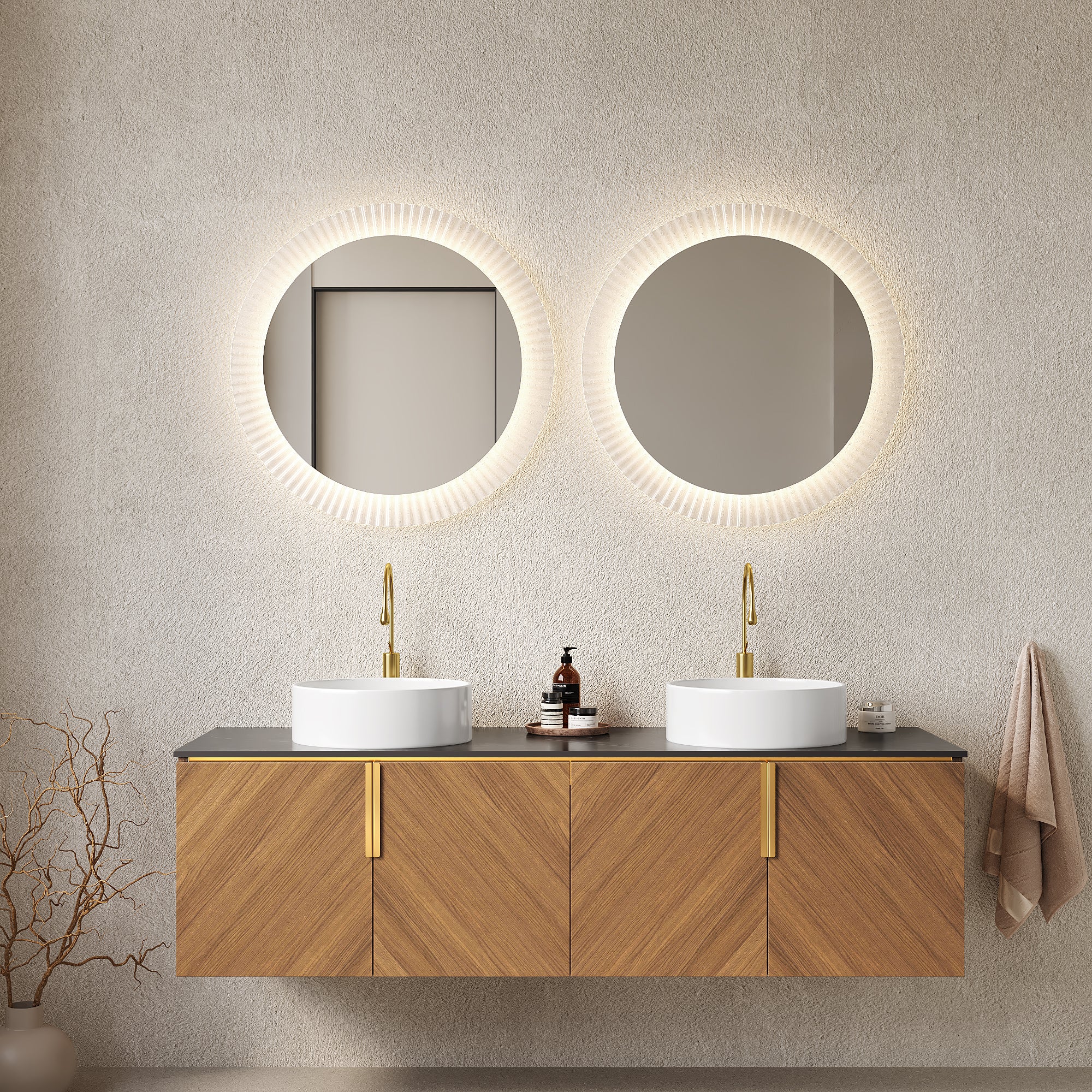 60 Bathroom Vanity with Sinks Floating Wall Mounted Plywood Cabinet 4 Doors 2 White Round Ceramic Basins Black Sintered Stone Espresso
