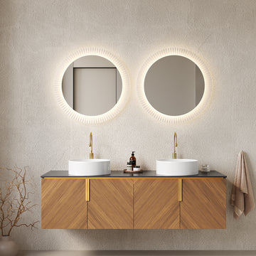 60 Bathroom Vanity with Sinks Floating Wall Mounted Plywood Cabinet 4 Doors 2 White Round Ceramic Basins Black Sintered Stone Espresso