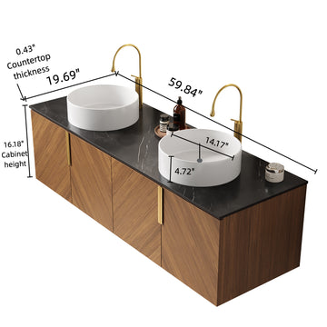 60 Bathroom Vanity with Sinks Floating Wall Mounted Plywood Cabinet 4 Doors 2 White Round Ceramic Basins Black Sintered Stone Espresso