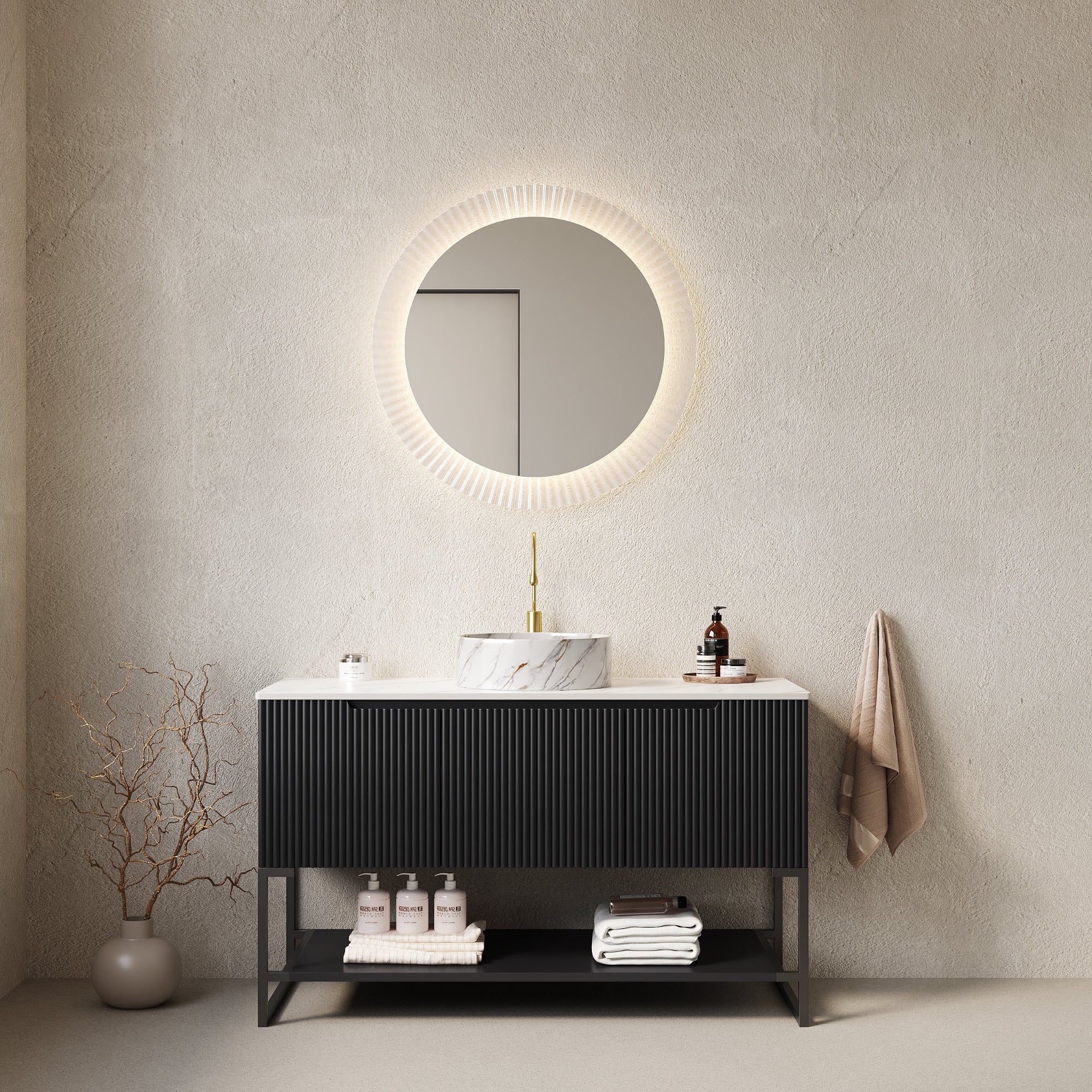48 Bathroom Vanity with Sink Freestanding Cabinet 3 Doors Open Shelf White Round Ceramic Basin Stone Pattern Carrara White Sintered Stone Top Black