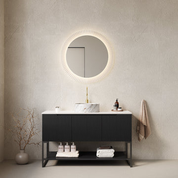 48 Bathroom Vanity with Sink Freestanding Cabinet 3 Doors Open Shelf White Round Ceramic Basin Stone Pattern Carrara White Sintered Stone Top Black