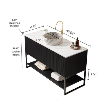 48 Bathroom Vanity with Sink Freestanding Cabinet 3 Doors Open Shelf White Round Ceramic Basin Stone Pattern Carrara White Sintered Stone Top Black