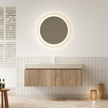 48 Bathroom Vanity with Sink Wall Mounted Plywood Cabinet Drawer 2 Doors Roma Travertine Countertop Basin White Oak
