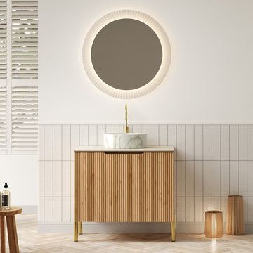 30 Bathroom Vanity with Sink Freestanding Plywood Cabinet 2 Doors White Basin Stone Pattern Roma Travertine Sintered Stone Top Woodgrain