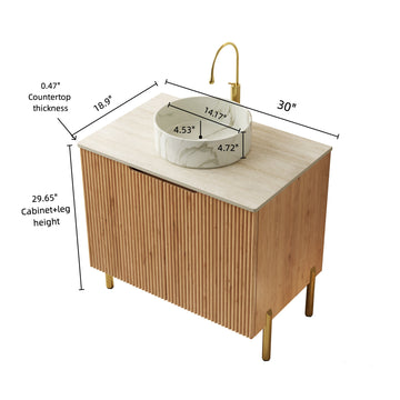 30 Bathroom Vanity with Sink Freestanding Plywood Cabinet 2 Doors White Basin Stone Pattern Roma Travertine Sintered Stone Top Woodgrain