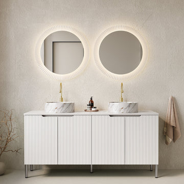 60 Bathroom Vanity with Sinks Freestanding Cabinet 4 Doors 2 White Round Ceramic Basins Stone Pattern Carrara White Top White