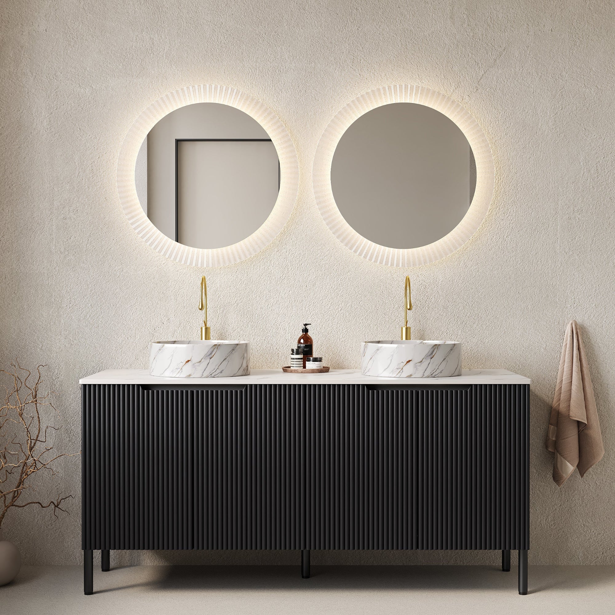 60 Bathroom Vanity with Sinks Freestanding Cabinet 4 Doors 2 White Round Ceramic Basins Stone Pattern Carrara White Top Black