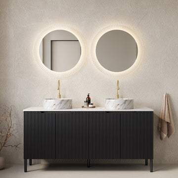 60 Bathroom Vanity with Sinks Freestanding Cabinet 4 Doors 2 White Round Ceramic Basins Stone Pattern Carrara White Top Black