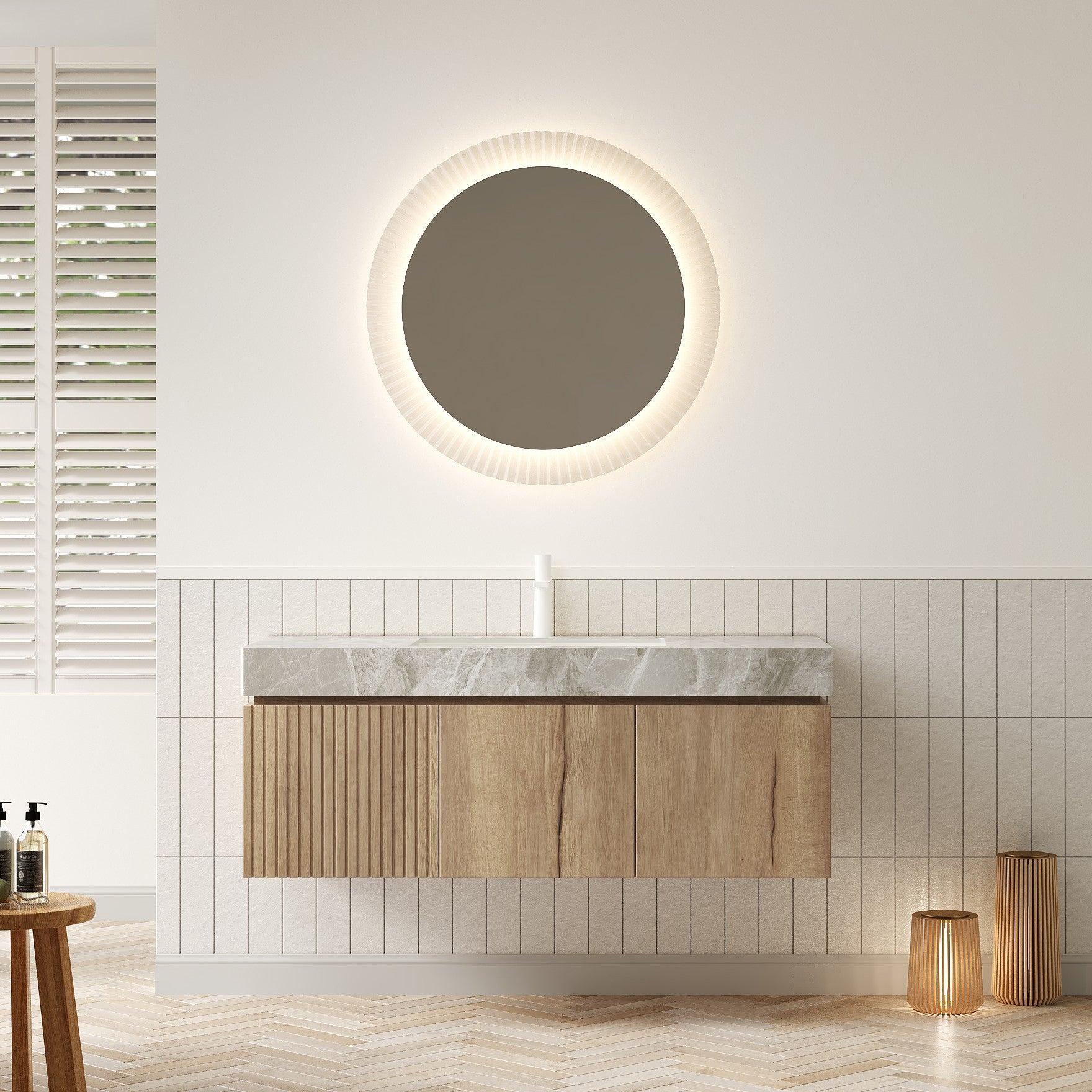48 Bathroom Vanity with Sink Floating Plywood Cabinet Drawer 2 Doors Light Gray Sintered Stone Countertop Basin White Oak