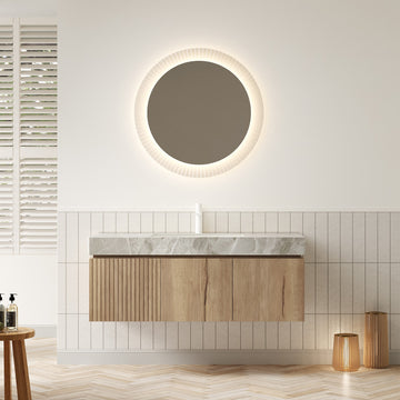 48 Bathroom Vanity with Sink Floating Plywood Cabinet Drawer 2 Doors Light Gray Sintered Stone Countertop Basin White Oak