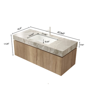 48 Bathroom Vanity with Sink Floating Plywood Cabinet Drawer 2 Doors Light Gray Sintered Stone Countertop Basin White Oak
