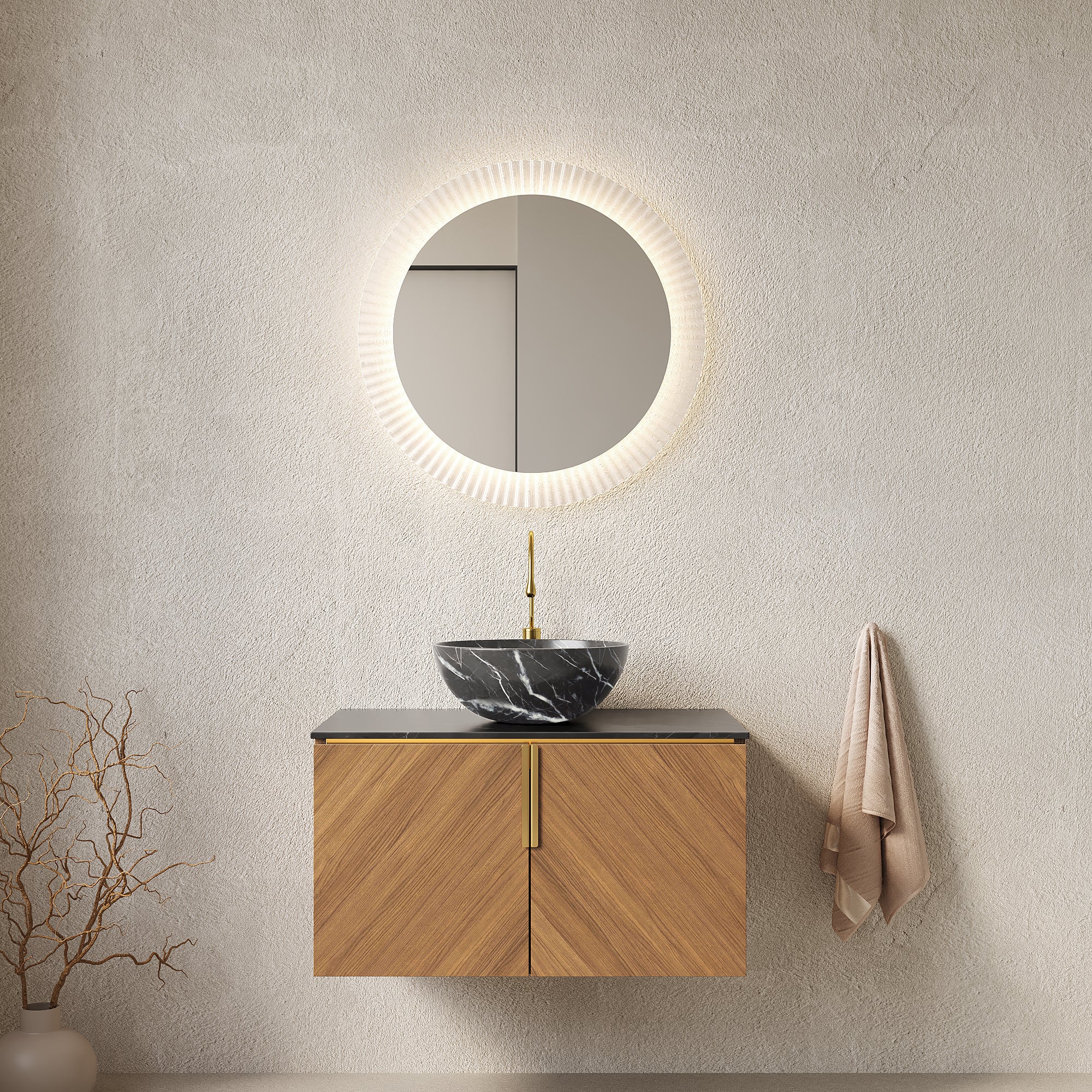 30 Bathroom Vanity with Sink Floating Plywood Cabinet Double Doors Black Sintered Stone Countertop Black Bowl Ceramic Basin Stone Pattern Espresso