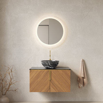 30 Bathroom Vanity with Sink Floating Plywood Cabinet Double Doors Black Sintered Stone Countertop Black Bowl Ceramic Basin Stone Pattern Espresso