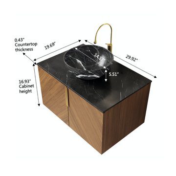 30 Bathroom Vanity with Sink Floating Plywood Cabinet Double Doors Black Sintered Stone Countertop Black Bowl Ceramic Basin Stone Pattern Espresso