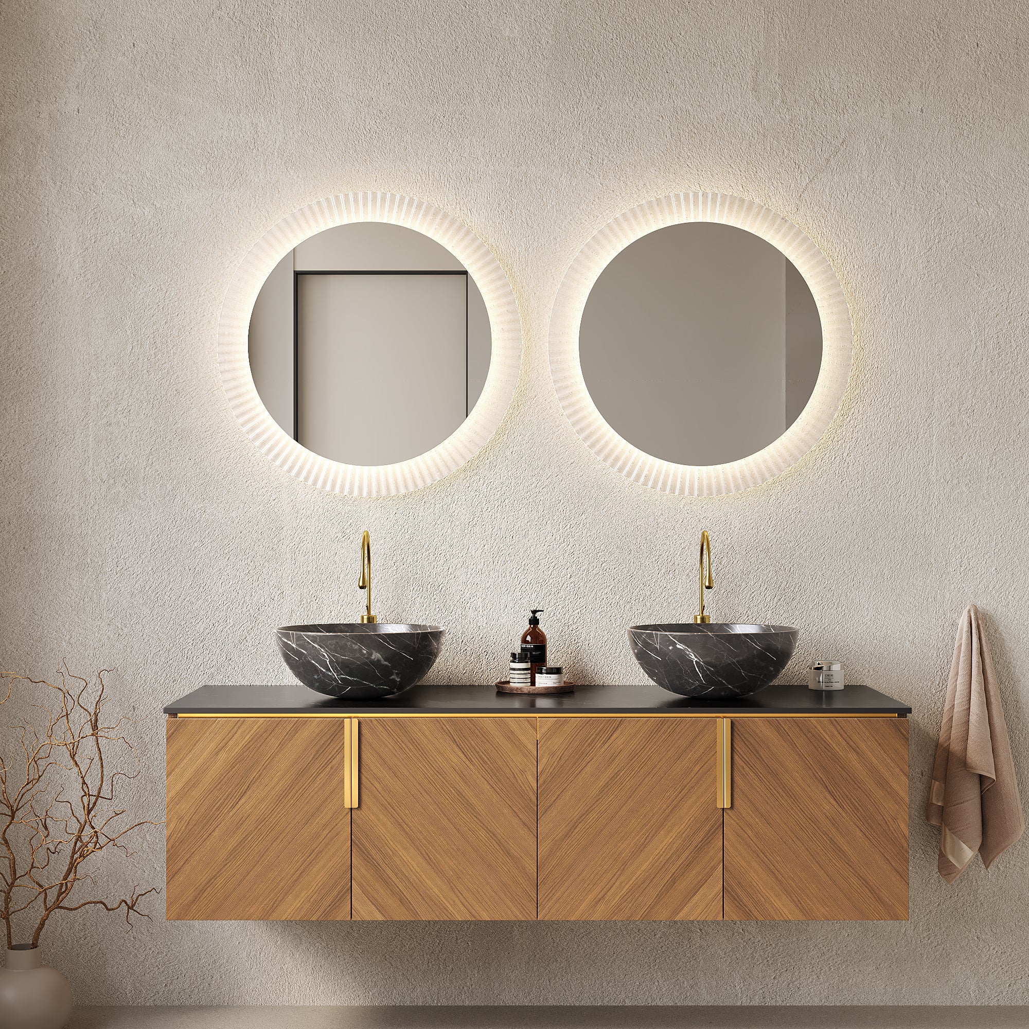 60 Bathroom Vanity with Sinks Floating Plywood Cabinet 4 Doors 2 Black Bowl Ceramic Basins Stone Pattern Black Sintered Stone Espresso