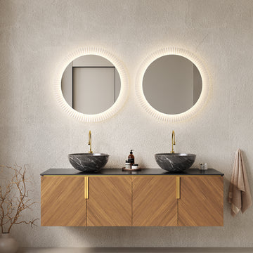 60 Bathroom Vanity with Sinks Floating Plywood Cabinet 4 Doors 2 Black Bowl Ceramic Basins Stone Pattern Black Sintered Stone Espresso