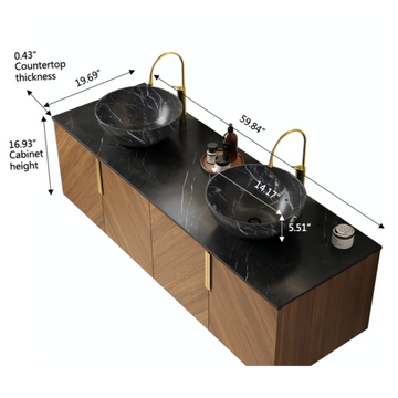 60 Bathroom Vanity with Sinks Floating Plywood Cabinet 4 Doors 2 Black Bowl Ceramic Basins Stone Pattern Black Sintered Stone Espresso