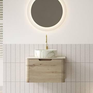 24 Bathroom Vanity with Sink Floating Plywood Cabinet Drawer Ceramic Basin Stone Pattern Travertine Pattern Sintered Stone Top White Oak