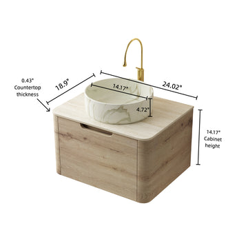 24 Bathroom Vanity with Sink Floating Plywood Cabinet Drawer Ceramic Basin Stone Pattern Travertine Pattern Sintered Stone Top White Oak