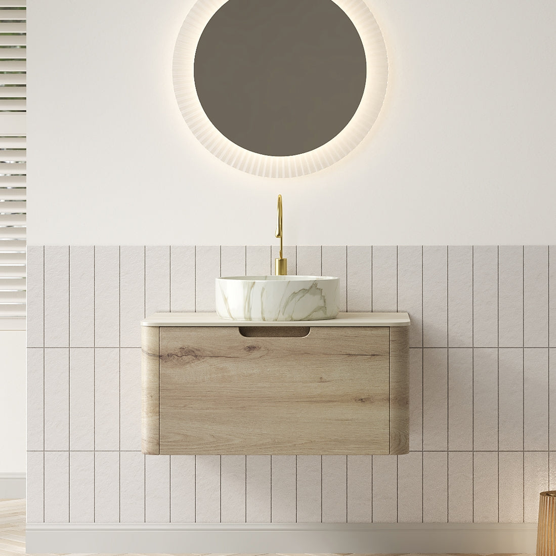 30 Bathroom Vanity with Sink Floating Plywood Cabinet Drawer Ceramic Basin Stone Pattern Travertine Pattern Sintered Stone Top White Oak