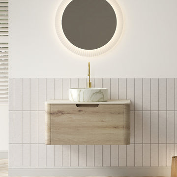 30 Bathroom Vanity with Sink Floating Plywood Cabinet Drawer Ceramic Basin Stone Pattern Travertine Pattern Sintered Stone Top White Oak