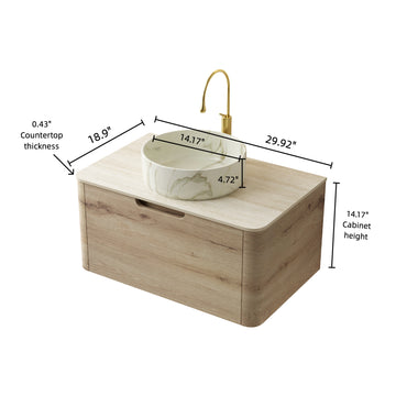 30 Bathroom Vanity with Sink Floating Plywood Cabinet Drawer Ceramic Basin Stone Pattern Travertine Pattern Sintered Stone Top White Oak