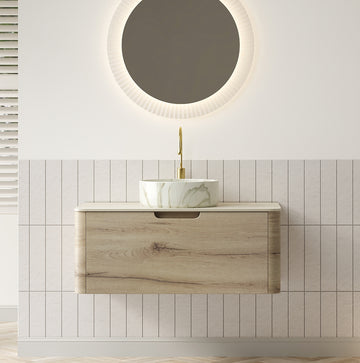 36 Bathroom Vanity with Sink Floating Plywood Cabinet Drawer Ceramic Basin Stone Pattern Travertine Pattern Sintered Stone Top White Oak