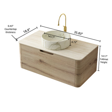 36 Bathroom Vanity with Sink Floating Plywood Cabinet Drawer Ceramic Basin Stone Pattern Travertine Pattern Sintered Stone Top White Oak