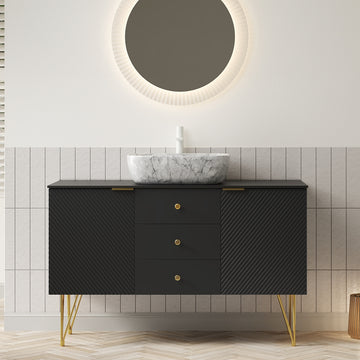 48 Bathroom Vanity with Sink Freestanding Plywood Cabinet Gold Legs 3 Drawers 2 Doors White Marble Pattern Ceramic Vessel Basin Sintered Stone Black