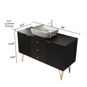 48 Bathroom Vanity with Sink Freestanding Plywood Cabinet Gold Legs 3 Drawers 2 Doors White Marble Pattern Ceramic Vessel Basin Sintered Stone Black