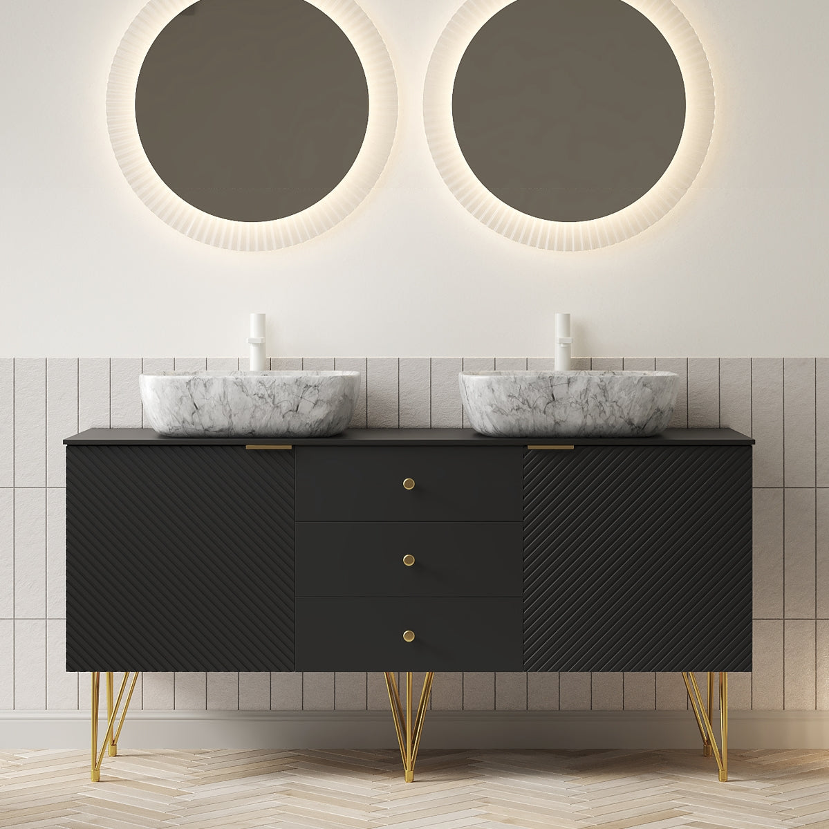 60 Bathroom Vanity with Sinks Freestanding Plywood Cabinet Gold Legs 3 Drawers 2 Doors 2 White Marble Pattern Ceramic Vessel Basins Sintered Stone Black