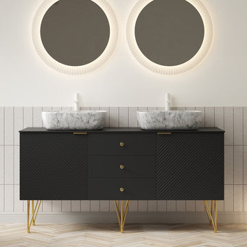 60 Bathroom Vanity with Sinks Freestanding Plywood Cabinet Gold Legs 3 Drawers 2 Doors 2 White Marble Pattern Ceramic Vessel Basins Sintered Stone Black