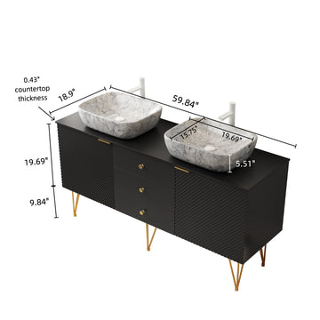 60 Bathroom Vanity with Sinks Freestanding Plywood Cabinet Gold Legs 3 Drawers 2 Doors 2 White Marble Pattern Ceramic Vessel Basins Sintered Stone Black
