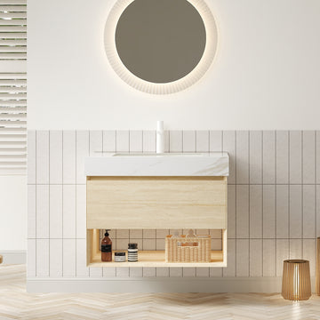 30 Bathroom Vanity with Sink Floating Plywood Cabinet Drawer Shelf Sensor Light Ceramic Undermount Basin Calacatta Gold Sintered Stone Travertine Finish