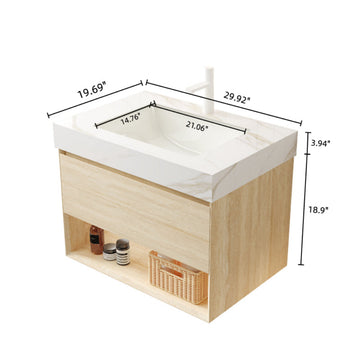 30 Bathroom Vanity with Sink Floating Plywood Cabinet Drawer Shelf Sensor Light Ceramic Undermount Basin Calacatta Gold Sintered Stone Travertine Finish