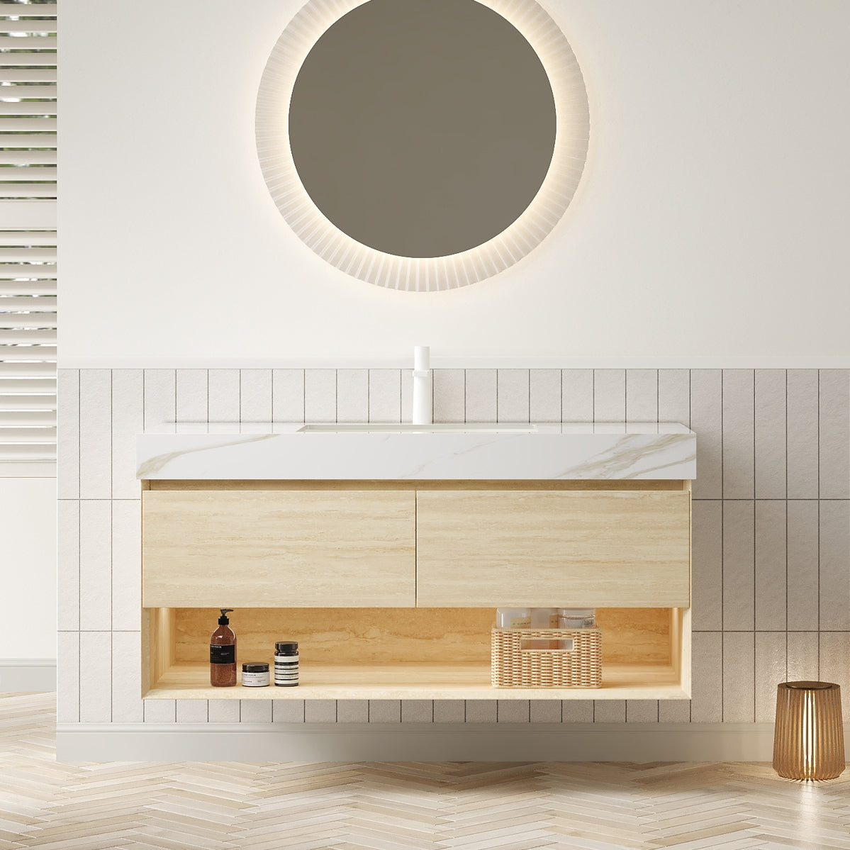 48 Bathroom Vanity with Sink Floating Plywood Cabinet Drawers Shelf Sensor Light Ceramic Undermount Basin Calacatta Gold Sintered Stone Travertine Finish