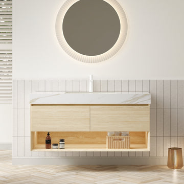 48 Bathroom Vanity with Sink Floating Plywood Cabinet Drawers Shelf Sensor Light Ceramic Undermount Basin Calacatta Gold Sintered Stone Travertine Finish