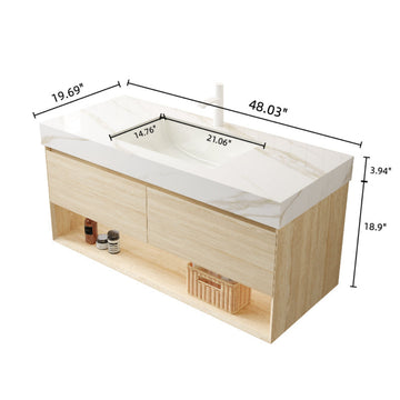48 Bathroom Vanity with Sink Floating Plywood Cabinet Drawers Shelf Sensor Light Ceramic Undermount Basin Calacatta Gold Sintered Stone Travertine Finish