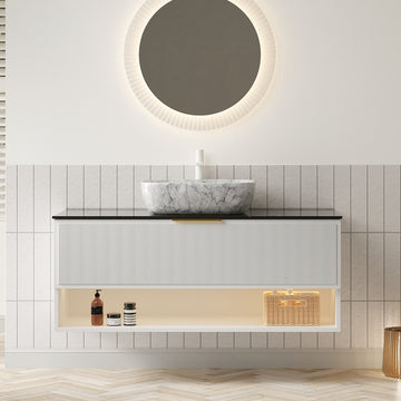 48 Bathroom Vanity with Sink Floating Plywood Cabinet 2 Pinstripe Drawers Shelf Sensor Light Marble Pattern Ceramic Vessel Basin Black Sintered Stone Top White